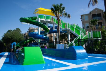 Finish line of duelling water slides