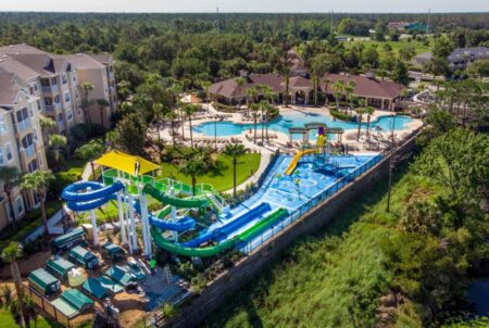 Overhead view of waterslides and resort pool