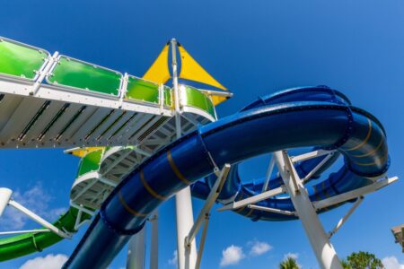 Spiralling waterslide with blue sky in background