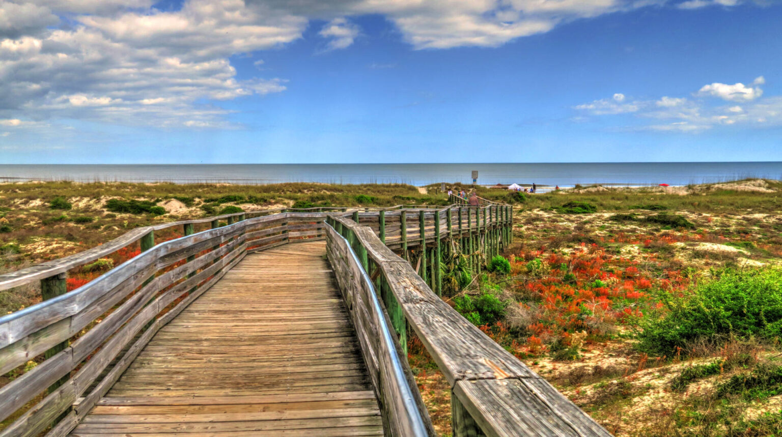 Wooden walkway leading to Burney Park beach on Amelia Island in Florida