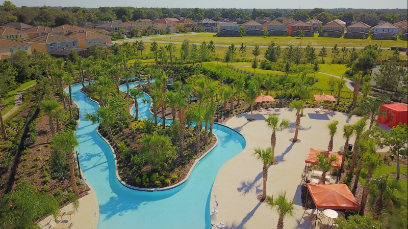 Lazy river and cabanas at Solterra Resort in Orlando.